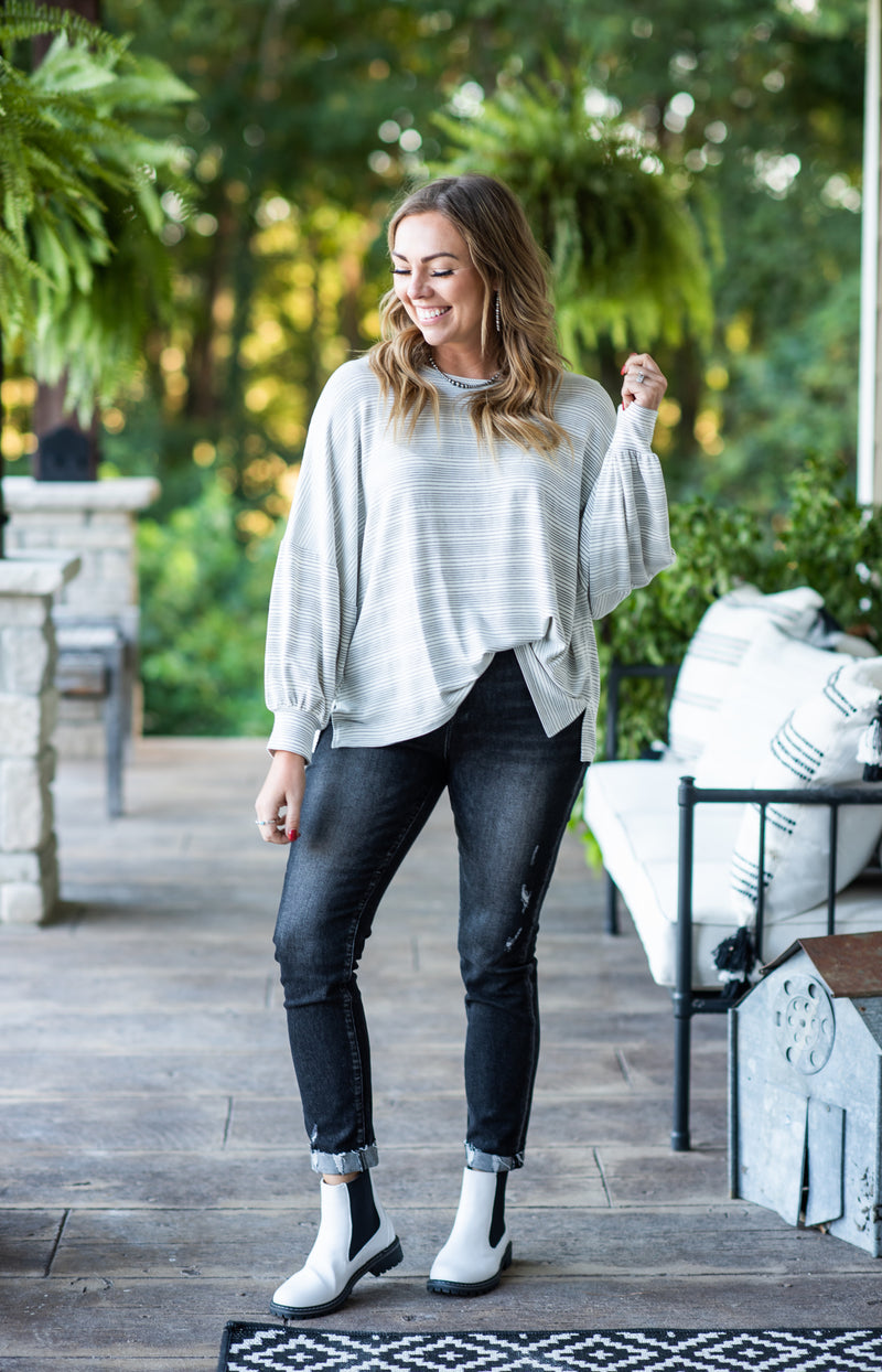 Oatmeal + Grey Thin Stripe Dolman Pullover