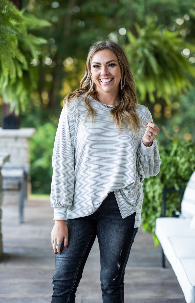 Oatmeal + Grey Thin Stripe Dolman Pullover