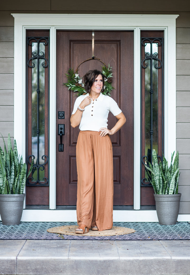 Camel Light Satin Wide Leg Pants