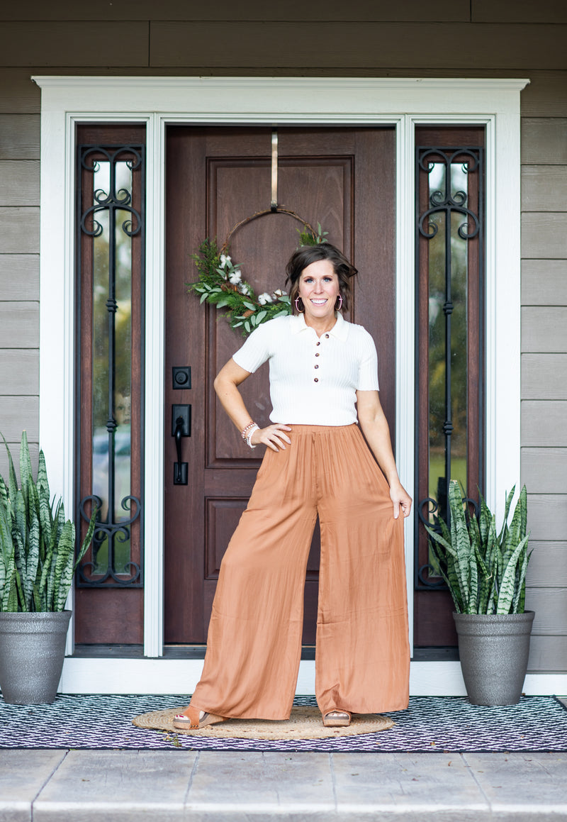 Camel Light Satin Wide Leg Pants The Red Raccoon
