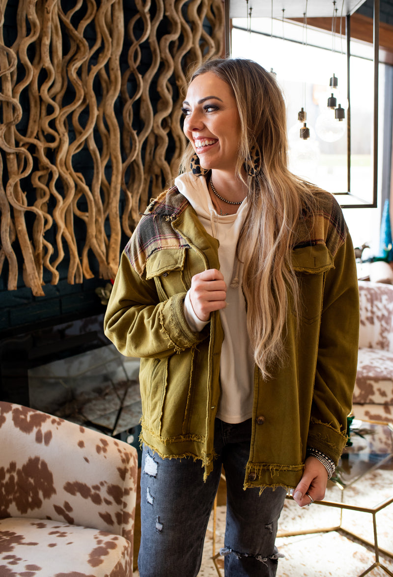 Washed Olive + Plaid Shacket