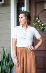 Ivory Ribbed Short Sleeve Collared Top with Buttons
