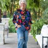 Black Floral Print L/S V Neck with Ruffle Neck