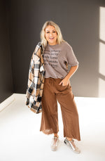 Brown Fray Hem Linen Pants with Drawstring