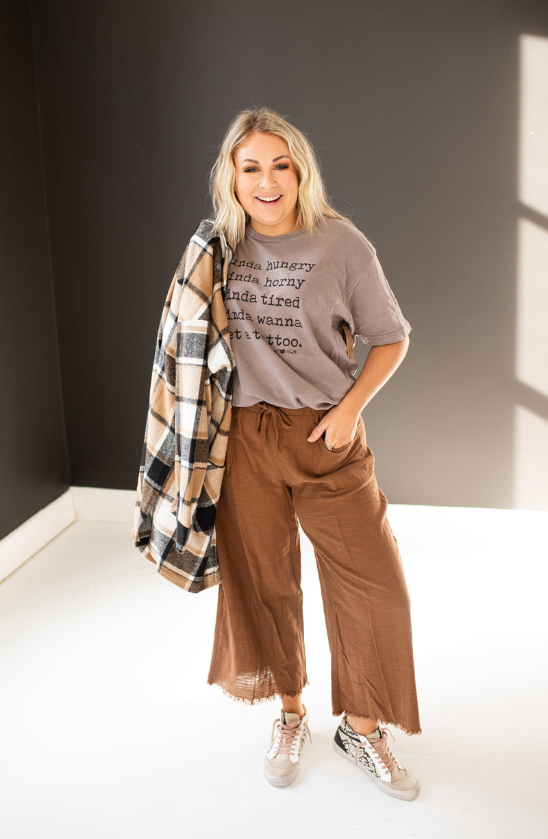 Brown Fray Hem Linen Pants with Drawstring
