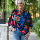 Black Floral Print L/S V Neck with Ruffle Neck