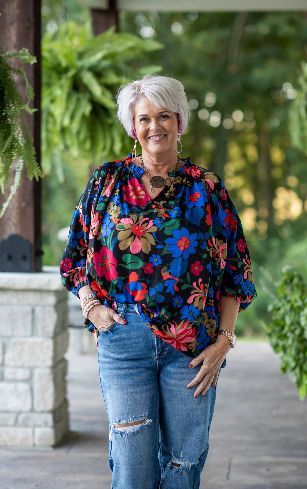 Black Floral Print L/S V Neck with Ruffle Neck
