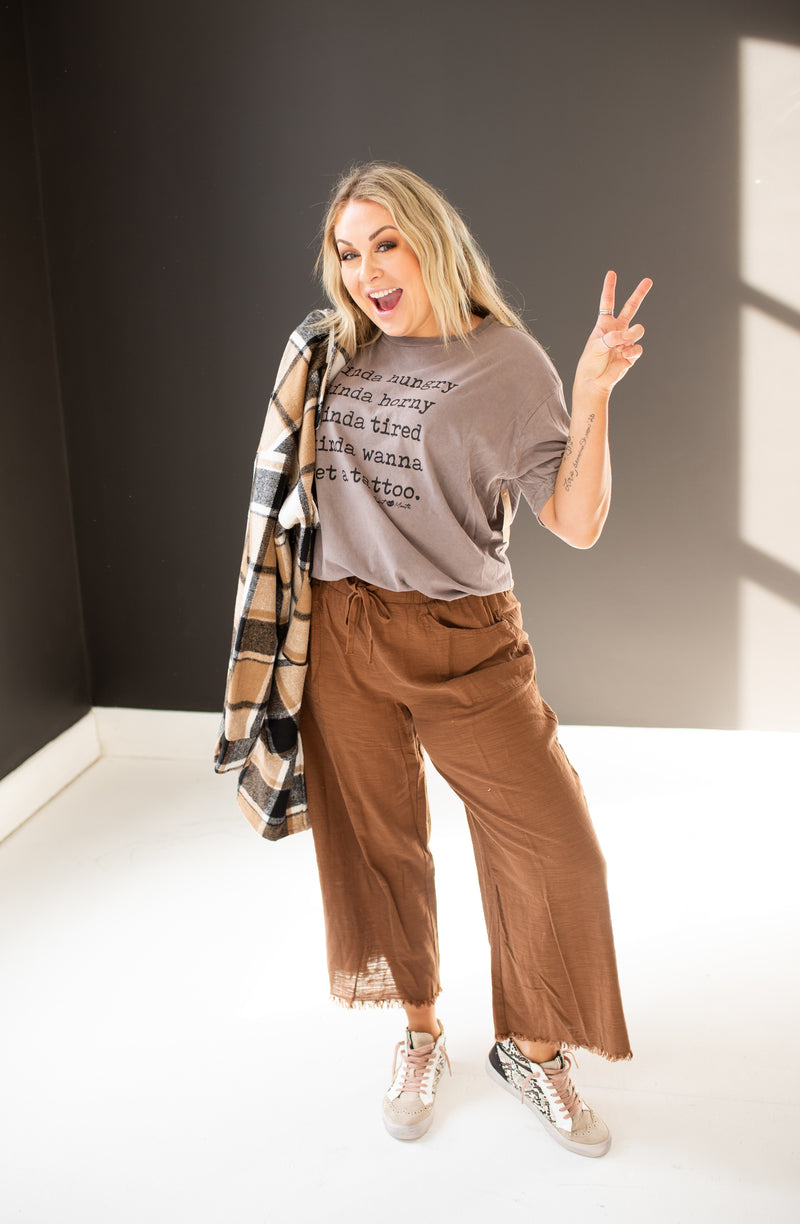 Brown Fray Hem Linen Pants with Drawstring
