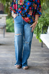 Dark High Rise Ripped Wide Leg Denim