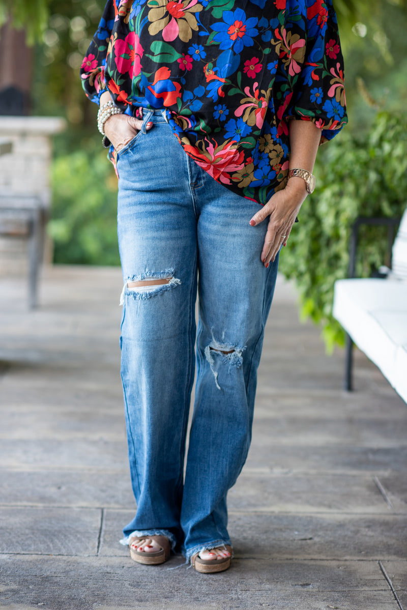 Dark High Rise Ripped Wide Leg Denim