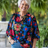 Black Floral Print L/S V Neck with Ruffle Neck