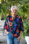 Black Floral Print L/S V Neck with Ruffle Neck