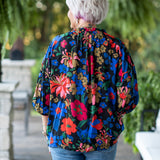 Black Floral Print L/S V Neck with Ruffle Neck