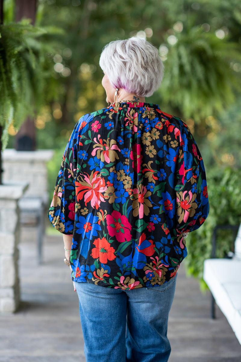 Black Floral Print L/S V Neck with Ruffle Neck