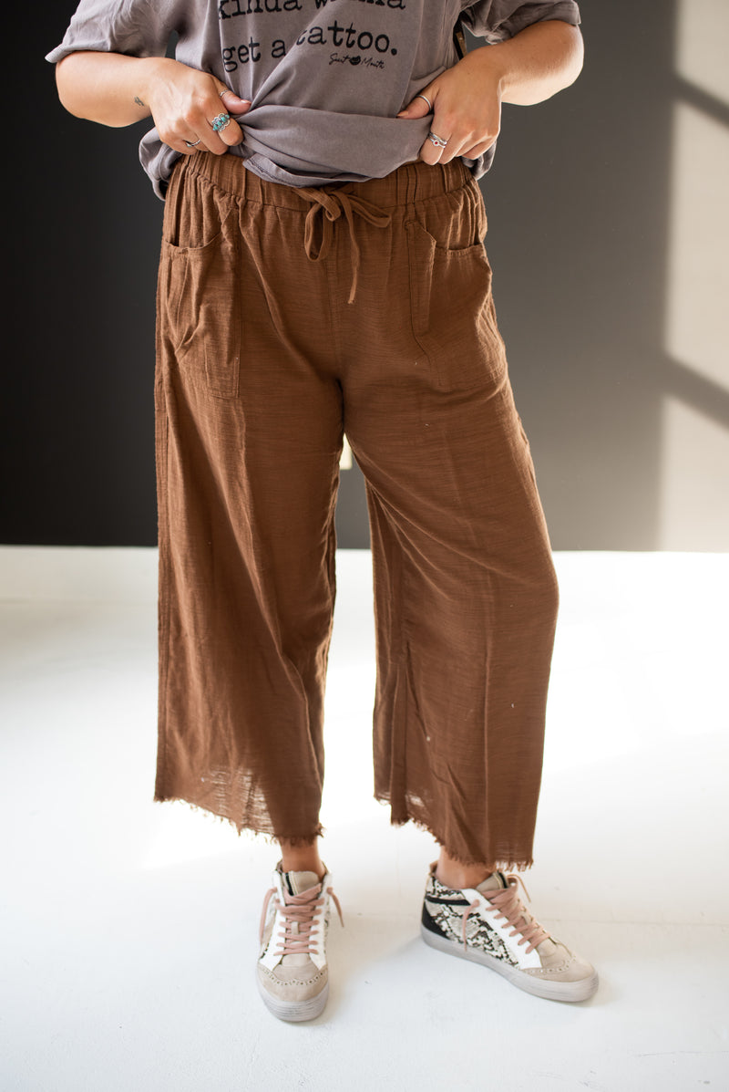 Brown Fray Hem Linen Pants with Drawstring
