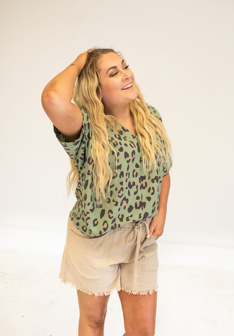 Sage Animal Print V Neck Dolman