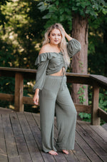 Olive Ribbed Drawstring Top & Pant Set