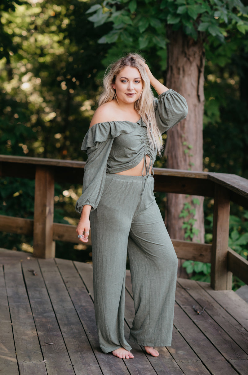 Olive Ribbed Drawstring Top & Pant Set