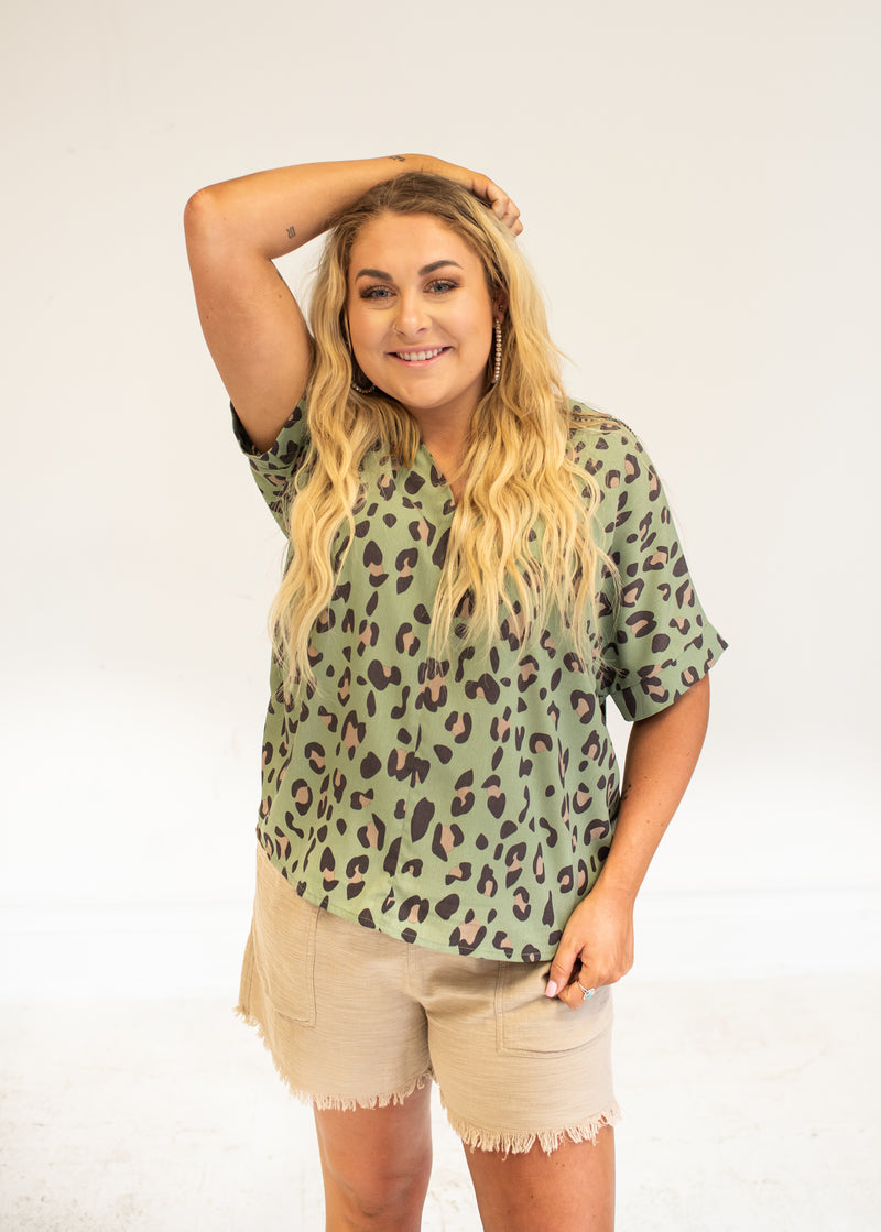 Sage Animal Print V Neck Dolman