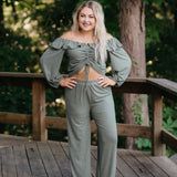 Olive Ribbed Drawstring Top & Pant Set