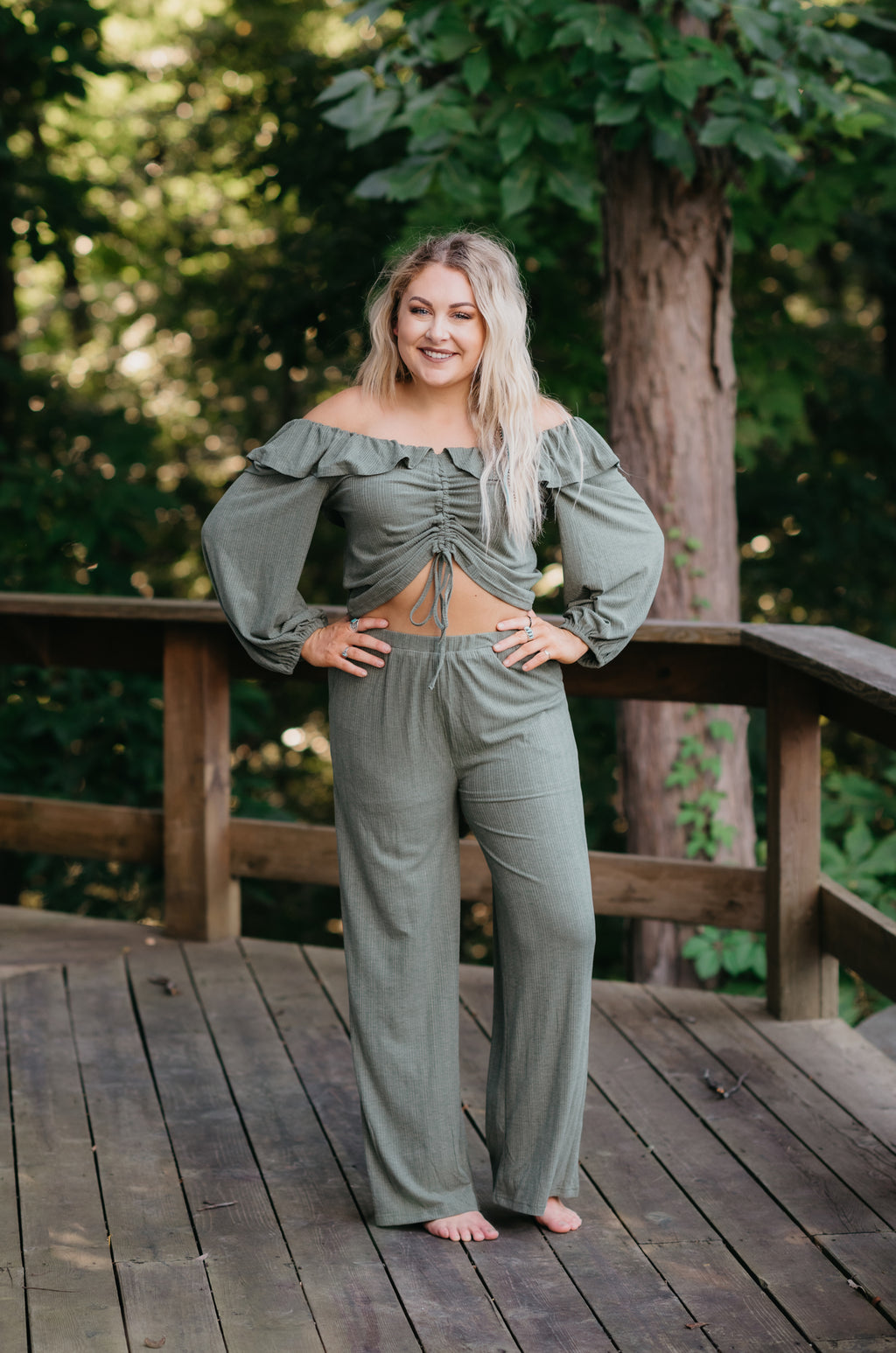 Olive Ribbed Drawstring Top & Pant Set