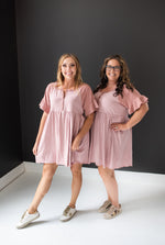 Dusty Rose Ruffle Sleeve & Trim Button Front Dress