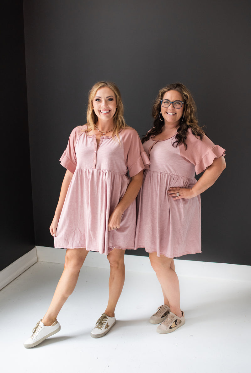 Dusty Rose Ruffle Sleeve & Trim Button Front Dress
