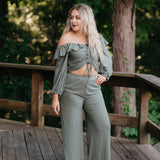 Olive Ribbed Drawstring Top & Pant Set