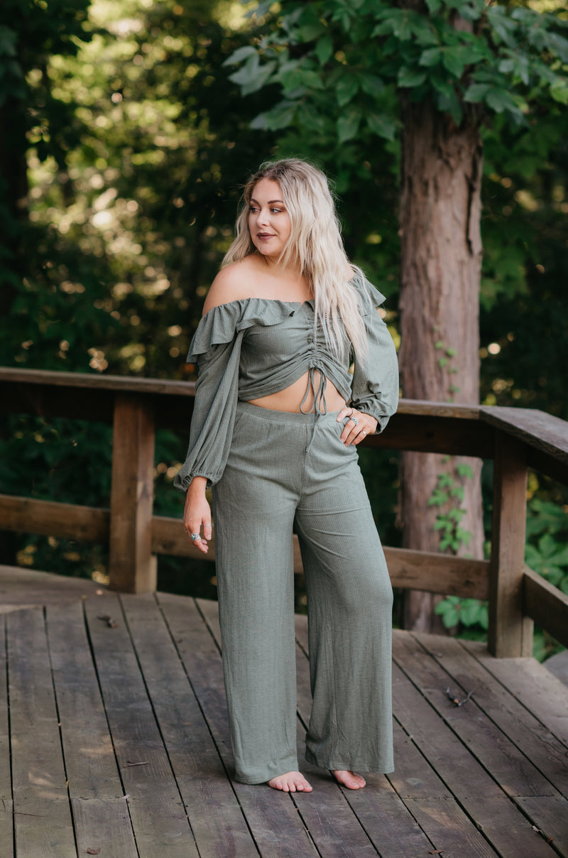 Olive Ribbed Drawstring Top & Pant Set