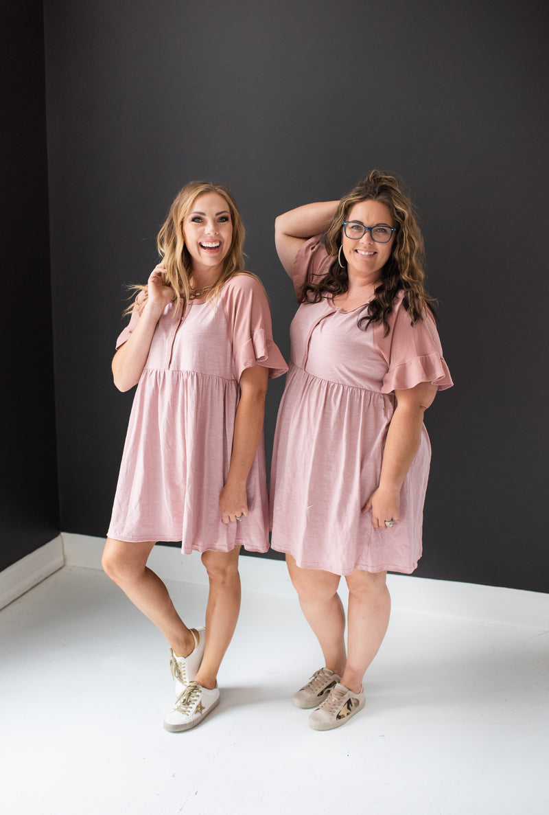 Dusty Rose Ruffle Sleeve & Trim Button Front Dress