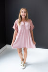 Dusty Rose Ruffle Sleeve & Trim Button Front Dress