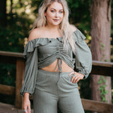 Olive Ribbed Drawstring Top & Pant Set