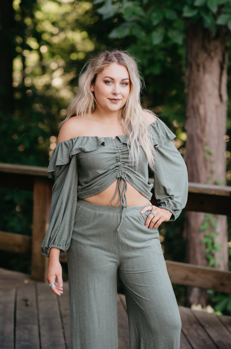 Olive Ribbed Drawstring Top & Pant Set