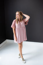 Dusty Rose Ruffle Sleeve & Trim Button Front Dress