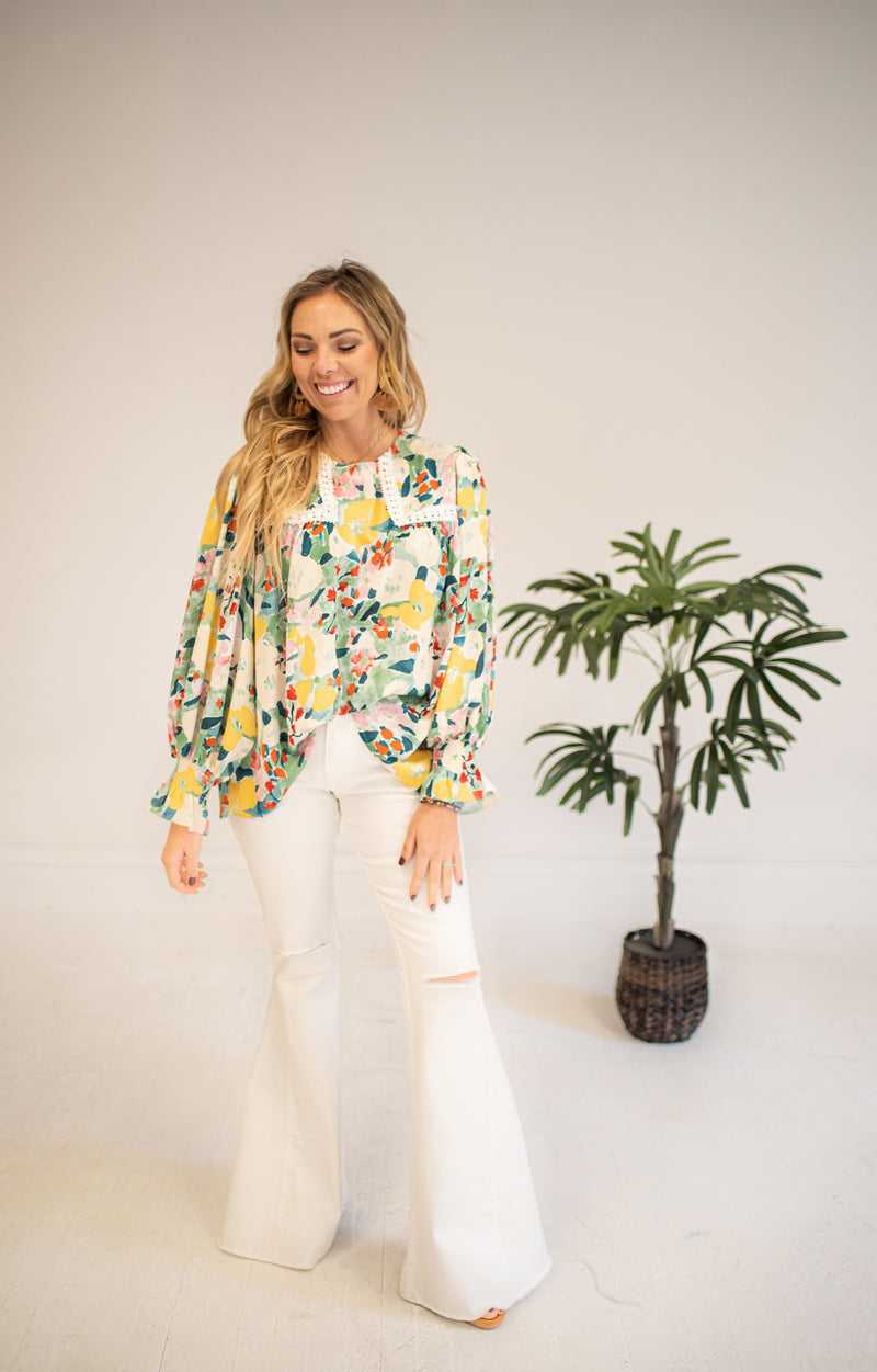 Floral Print Long Sleeve Blouse with Lace Detail