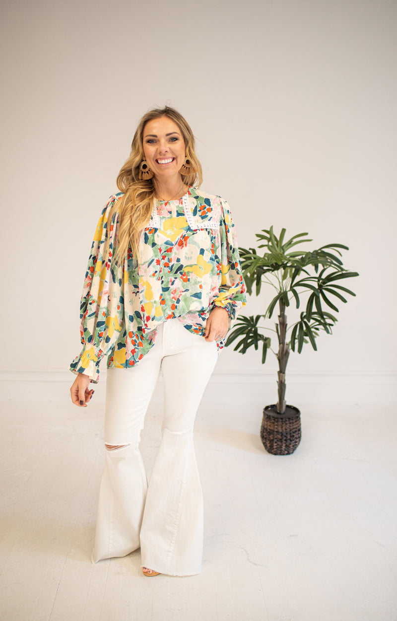 Floral Print Long Sleeve Blouse with Lace Detail