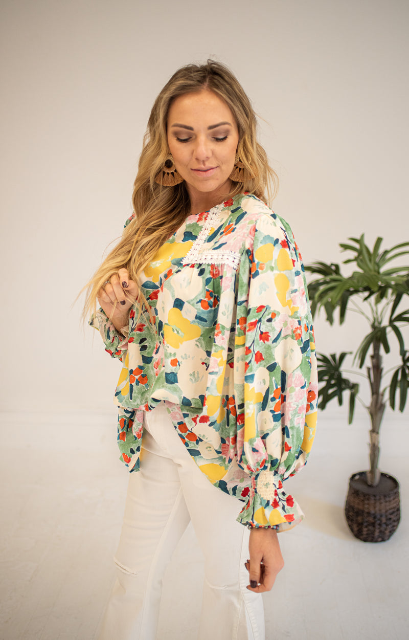 Floral Print Long Sleeve Blouse with Lace Detail