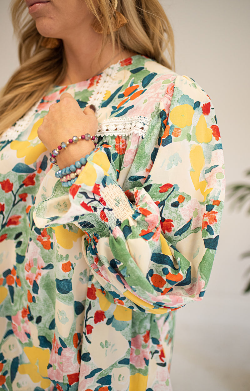 Floral Print Long Sleeve Blouse with Lace Detail