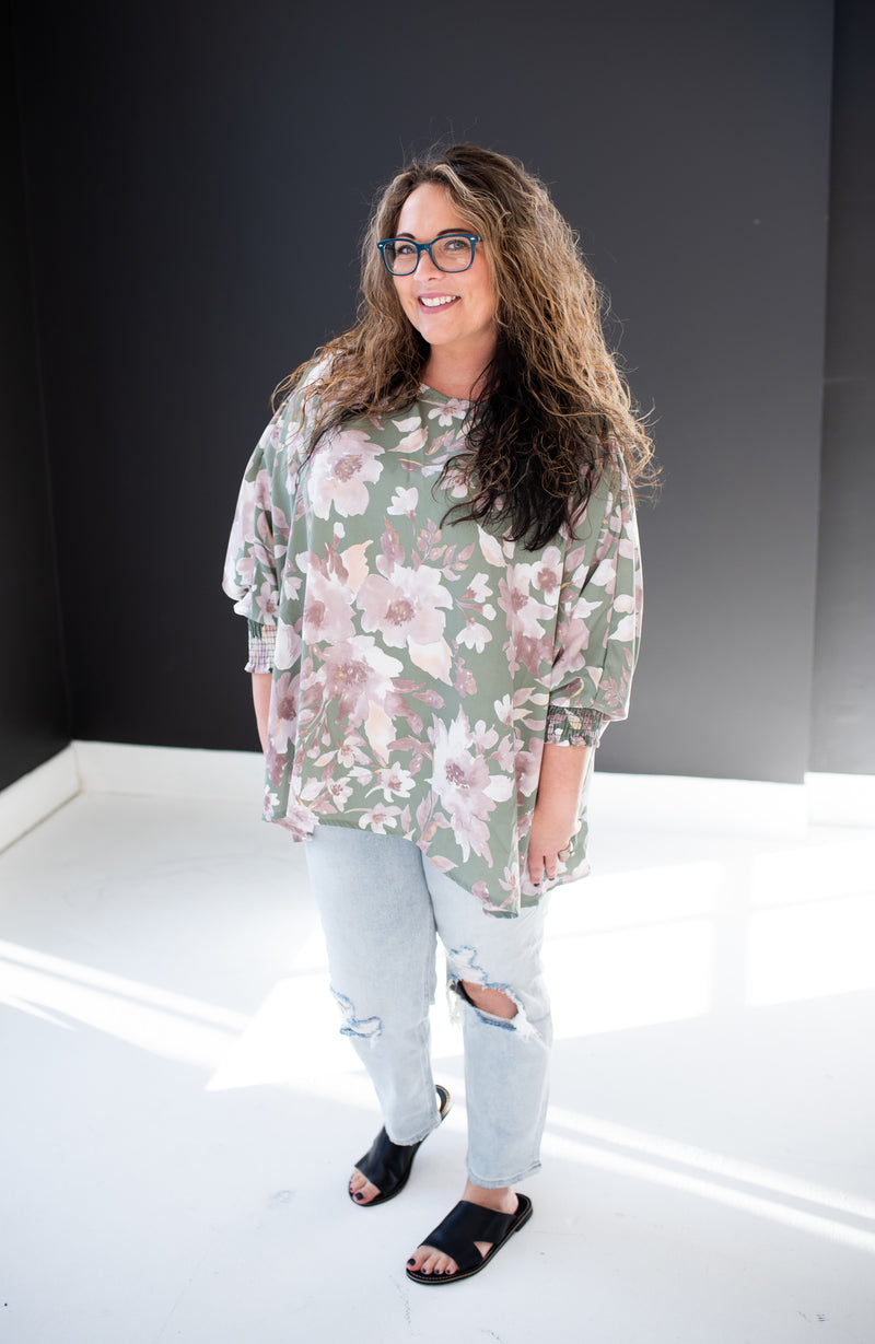 Sage + Mauve Floral Printed Blouse
