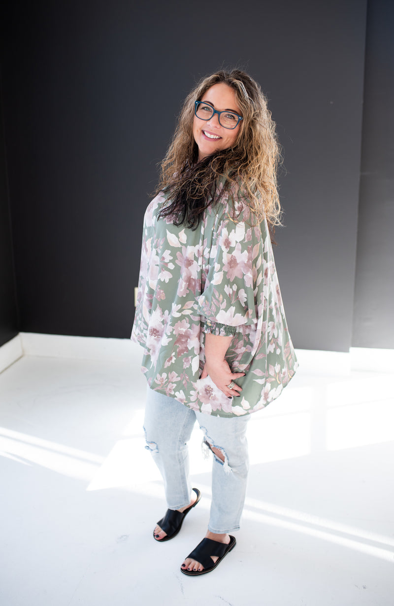 Sage + Mauve Floral Printed Blouse