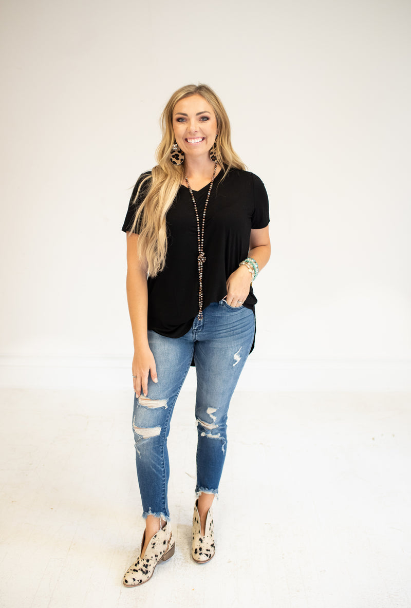 Black V Neckline Short Sleeve Tee