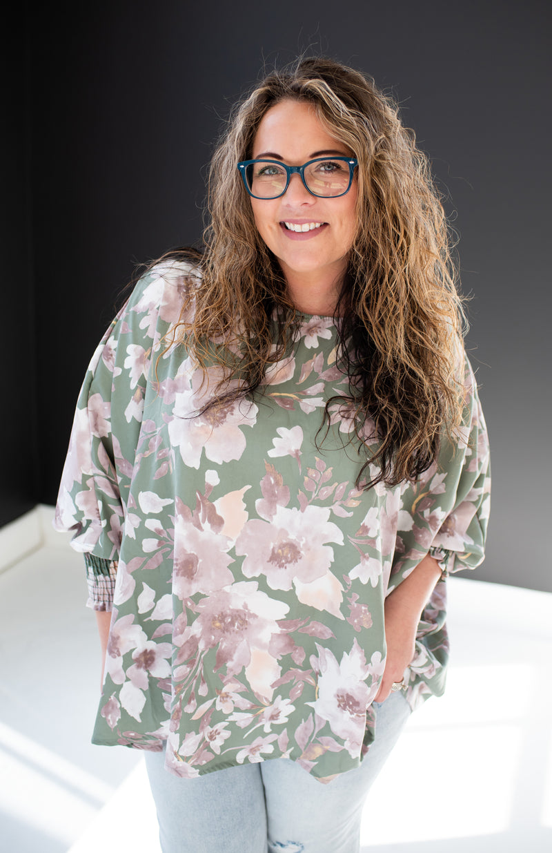 Sage + Mauve Floral Printed Blouse