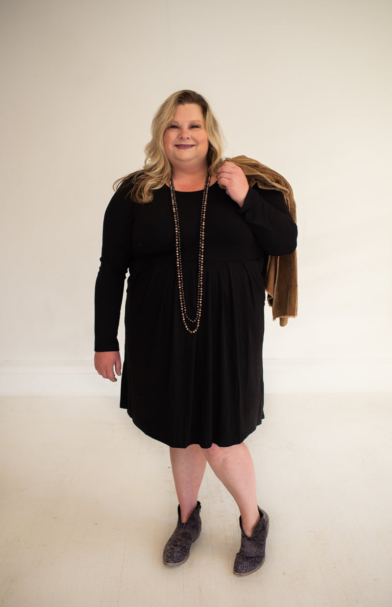Black L/S Pleated Dress with Side Pockets