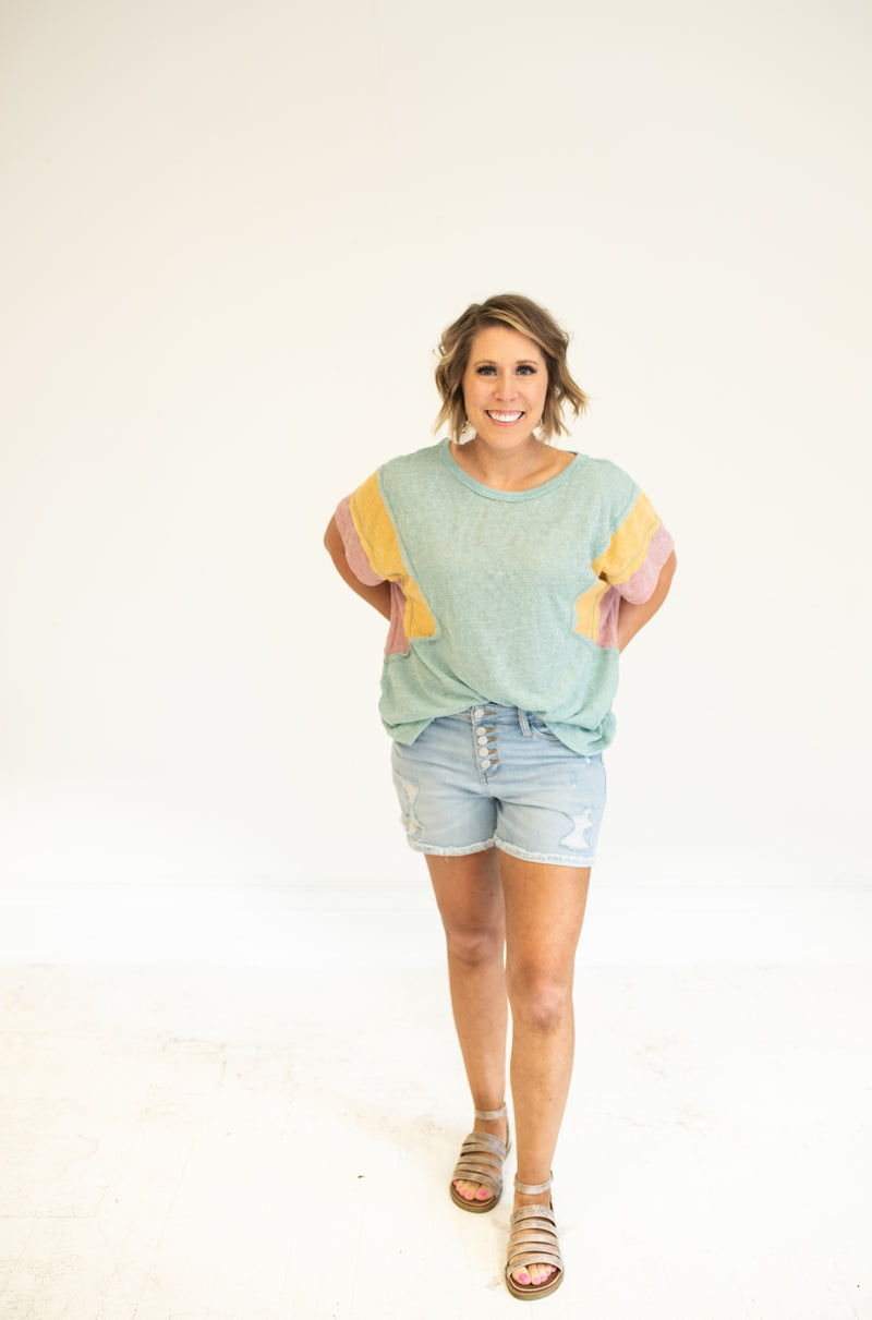 High Waisted Front Button Distressed Shorts