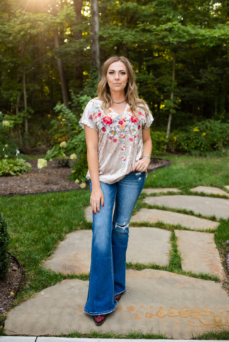 Oyster Velvet Embroidered V Neck Blouse
