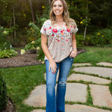 Oyster Velvet Embroidered V Neck Blouse