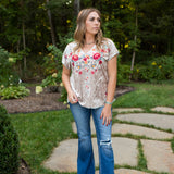 Oyster Velvet Embroidered V Neck Blouse