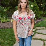 Oyster Velvet Embroidered V Neck Blouse