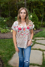 Oyster Velvet Embroidered V Neck Blouse