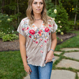 Oyster Velvet Embroidered V Neck Blouse